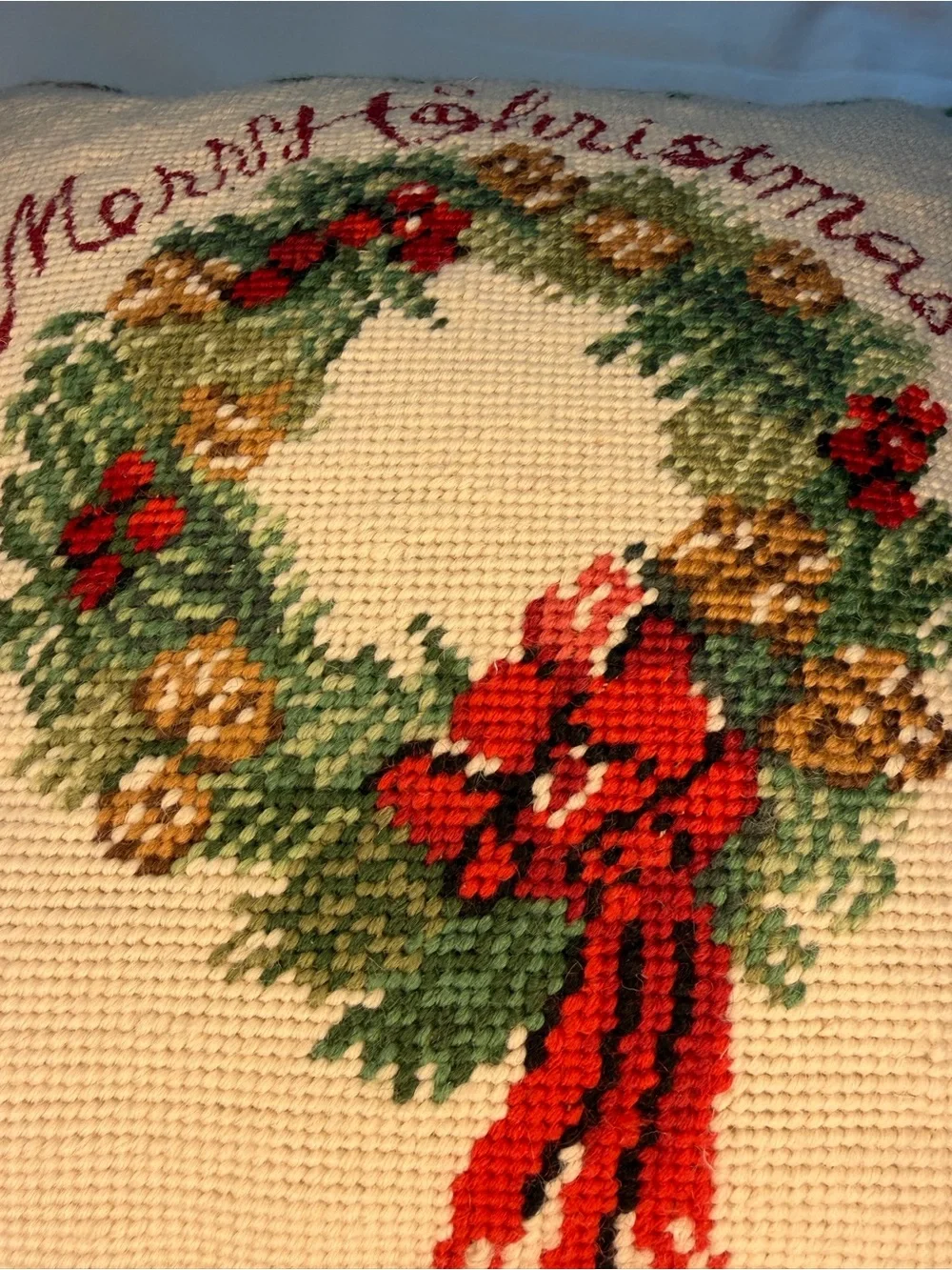 Needlepoint Merry Christmas Wreath Embroidered Holiday Throw Pillow Red & Green